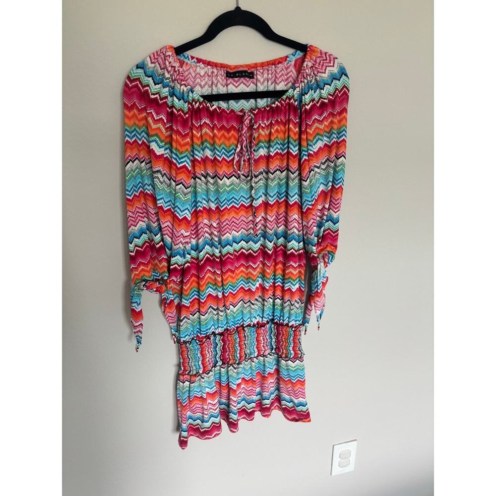 La Blanca Women's Chevron Print Tunic Tie Sleeve Beach Resort Size M